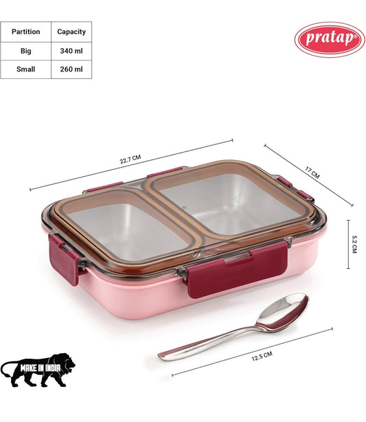 Leak Proof Airtight Unbreakable Lid BPA Free Ceelik Duo Stainless Steel Insulated Lunch Tiffin Box Set with Steel Spoon 2 Compartment Lunch Box for School Kids, Office Women Men