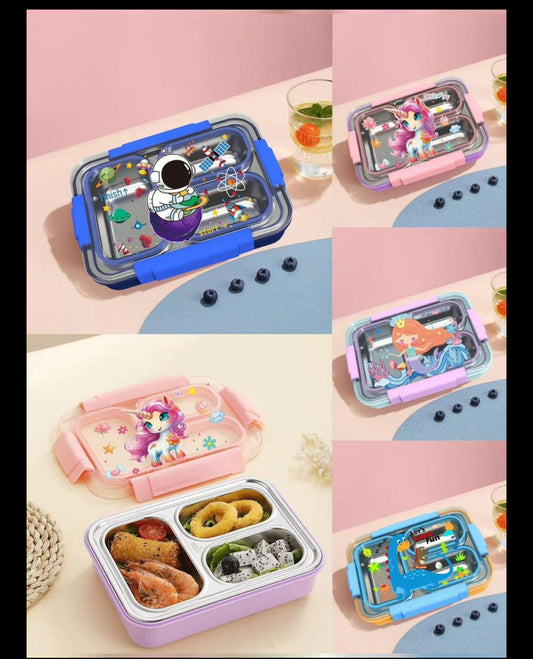 Dino/Unicorn/space /mermaid Transparent 3-Compartment 750ml Transfer Proof Lunch Box