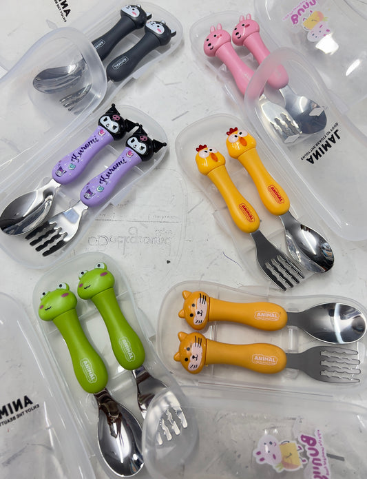 Baby Self Feeding Spoon & Fork with Case Stainless Steel Cutlery Cute Fork Spoon 2 pcs Set for Child Baby Home School Use