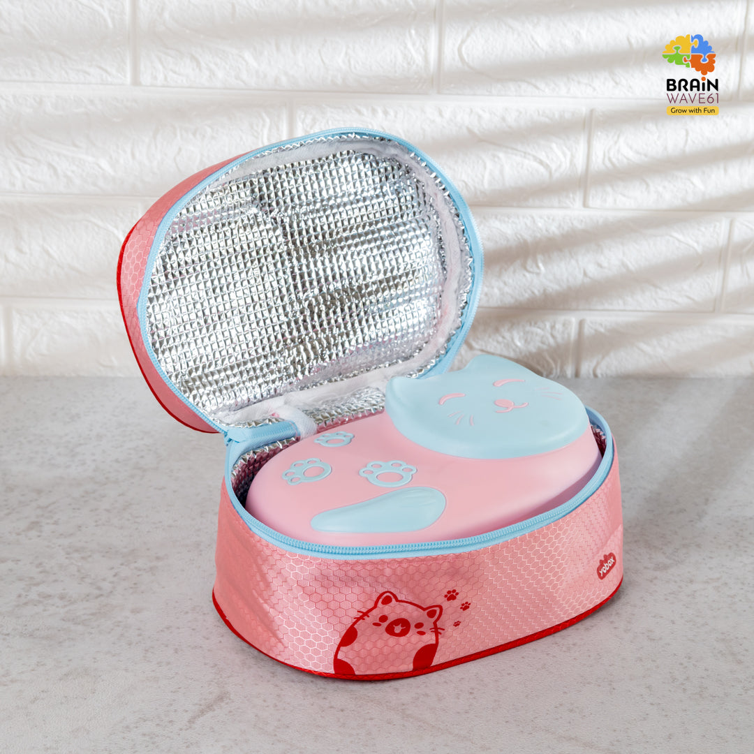 Little cat 3 compartment stainless lunch box with cutlery and lunch bag