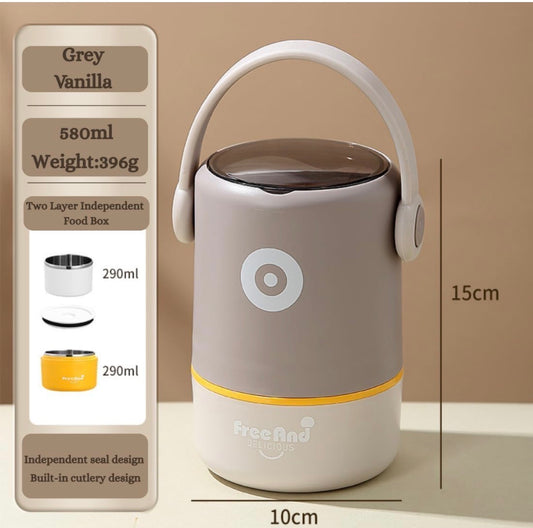 580ml Double Layer Lunch Pot for Kids & Adults | Stainless Steel 304 Bento Food Jar | Headphone Style Handle | Leak-Resistant, Two Compartment Tiffin Box