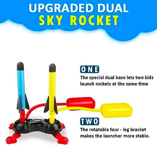 Multi Sky Rocket Toys For Kids , 4 Foam Tipped Rockets , Dual Shot Stomp Launcher Outdoor Toy Set