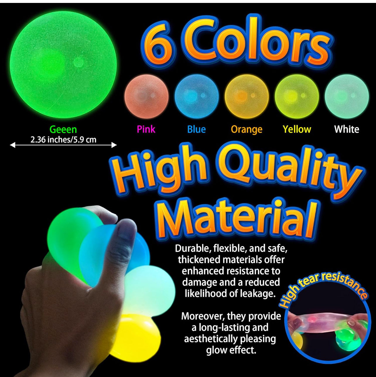 Glow Wall Ball Sticky 6PCS Grow in The Dark Round Luminous Fluorescent Washable Stress Relief Ball Toy Washable