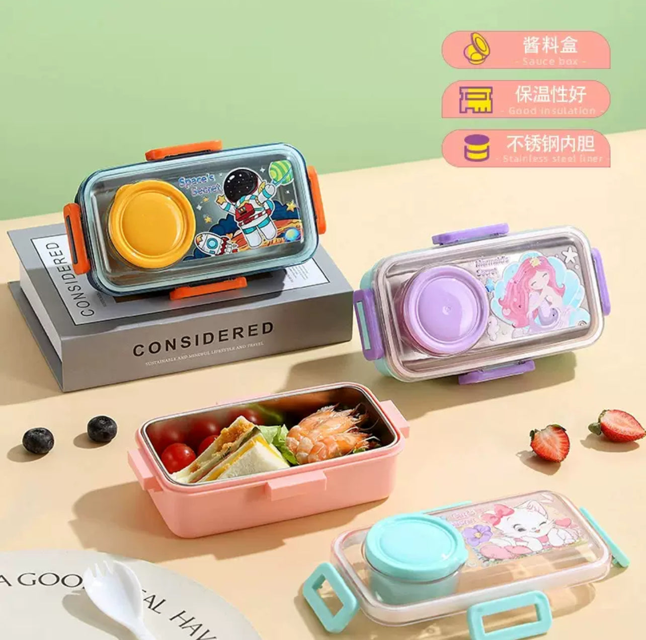 Single grid stainless steel lunch box with bowl ( 500ml+ 80ml)