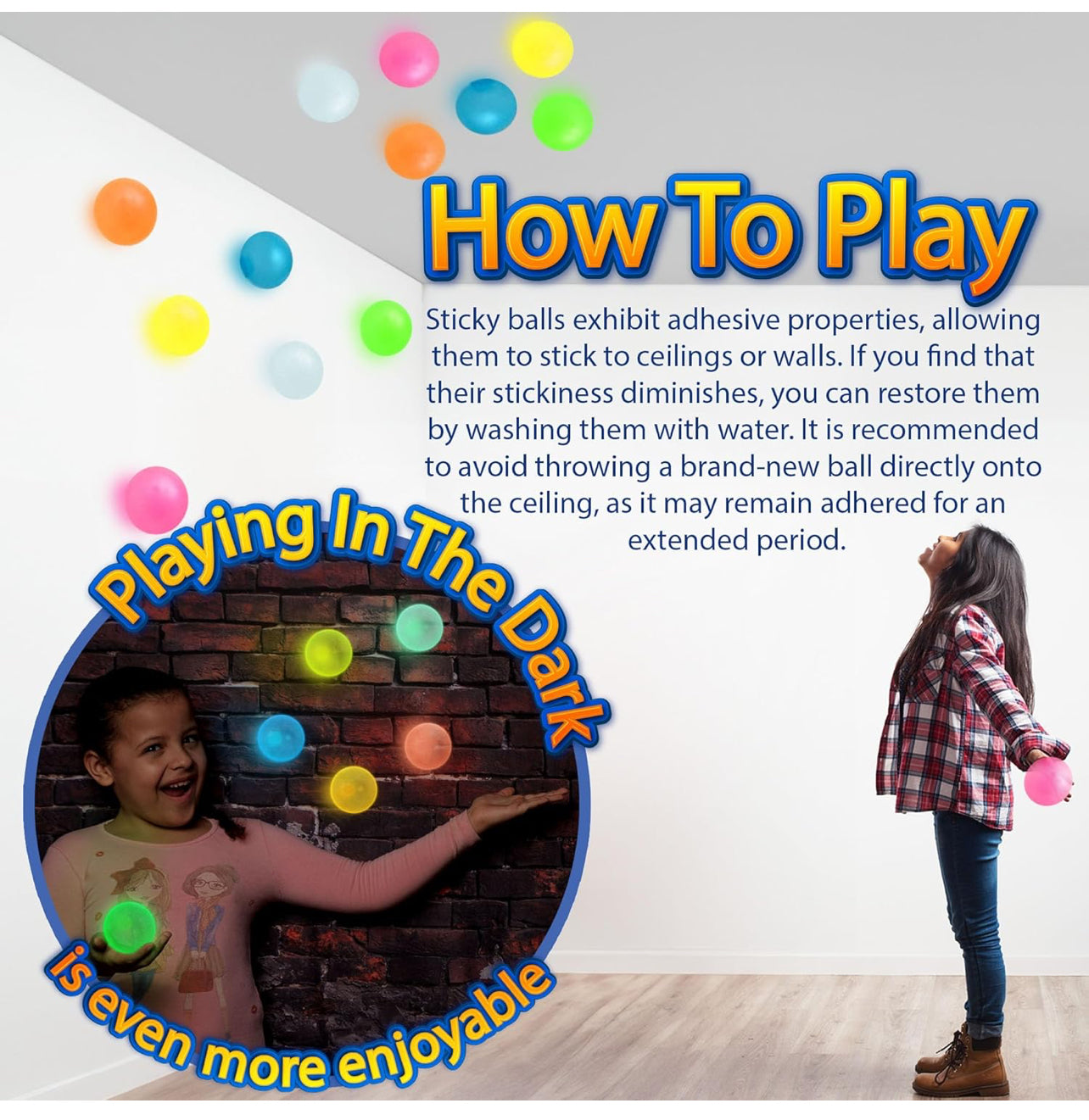 Glow Wall Ball Sticky 6PCS Grow in The Dark Round Luminous Fluorescent Washable Stress Relief Ball Toy Washable