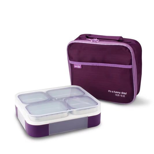 Yoo yee . Bento lunch box with insulated bag 4 compartment stainless steel .