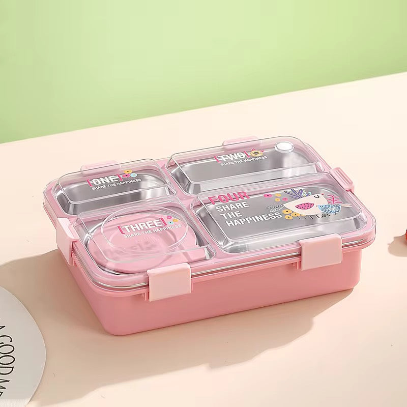 4 Compartment lunch box . with bowl , Spoon & Chopstick Leakproof Heating & Water Insulation- 900ml+70 ml