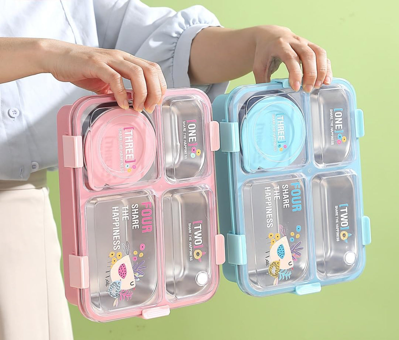 4 Compartment lunch box . with bowl , Spoon & Chopstick Leakproof Heating & Water Insulation- 900ml+70 ml