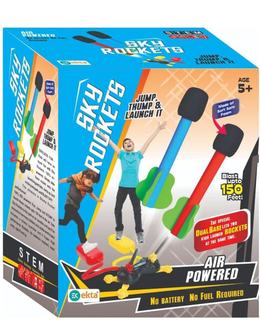 Multi Sky Rocket Toys For Kids , 4 Foam Tipped Rockets , Dual Shot Stomp Launcher Outdoor Toy Set