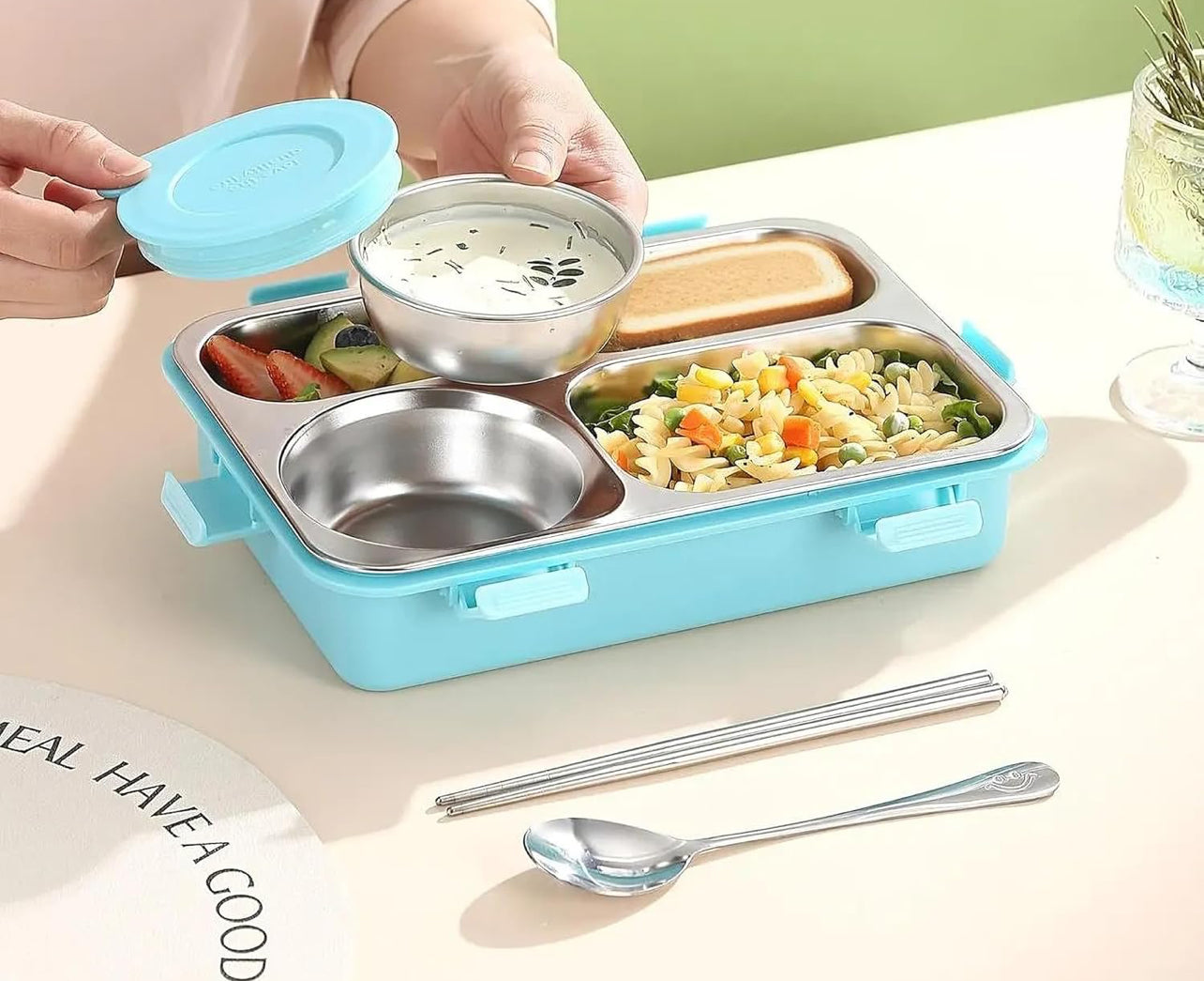 4 Compartment lunch box . with bowl , Spoon & Chopstick Leakproof Heating & Water Insulation- 900ml+70 ml