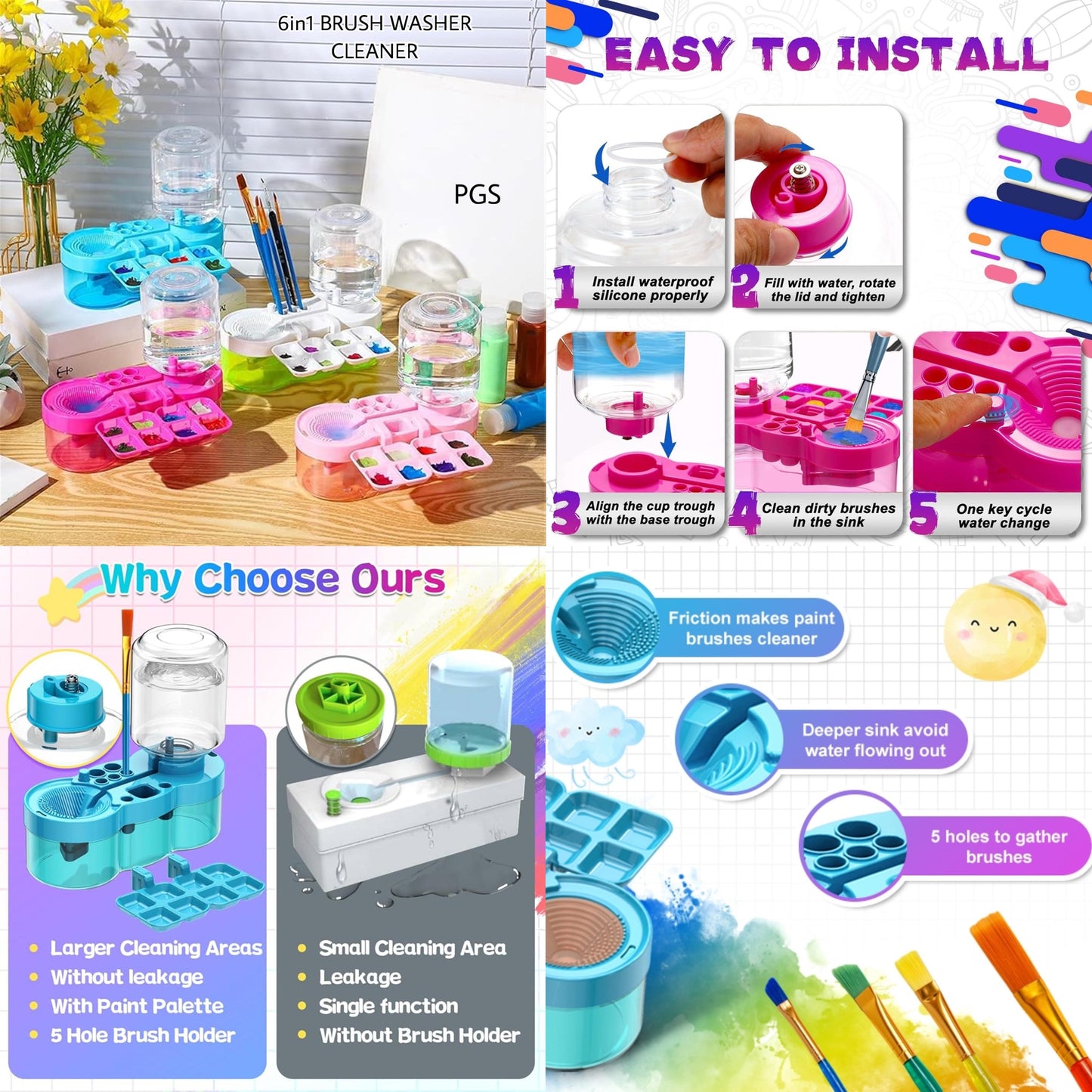 Paint Brush Cleaner with Paint Tray, Upgraded 6-in-1 Painting Supplies with Drain and Brush Holder, Water Circulation Paint Brush Cleaner Tool for Acrylic, Watercolor, Water-Based Paints