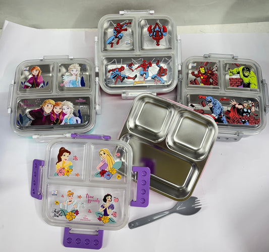Disney print Insulated Lunch Box with 3 Compartments, Stainless Steel Interior & Embossed Printed Lid | Leak-Proof Design | 600 ML