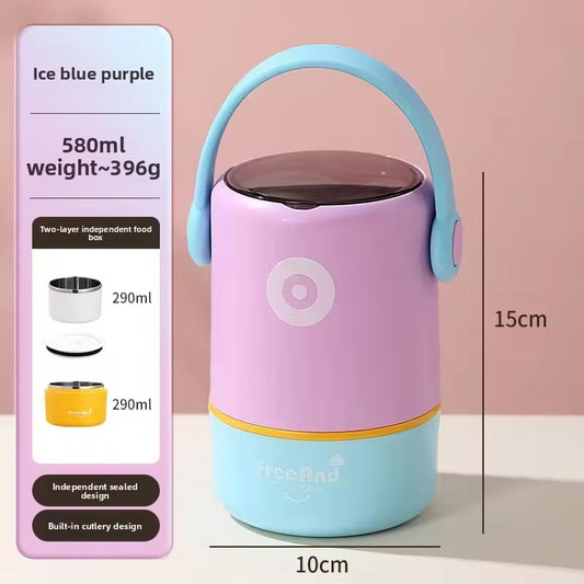 580ml Double Layer Lunch Pot for Kids & Adults | Stainless Steel 304 Bento Food Jar | Headphone Style Handle | Leak-Resistant, Two Compartment Tiffin Box