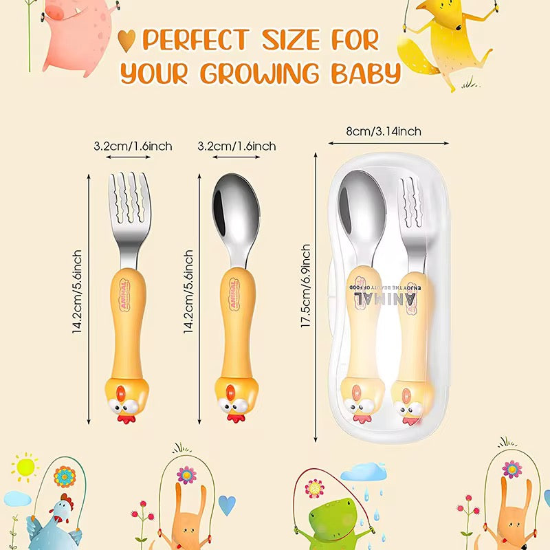 Baby Self Feeding Spoon & Fork with Case Stainless Steel Cutlery Cute Fork Spoon 2 pcs Set for Child Baby Home School Use