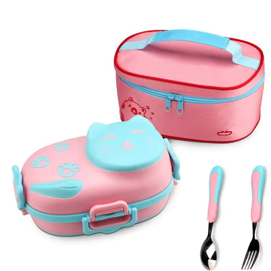 Little cat 3 compartment stainless lunch box with cutlery and lunch bag