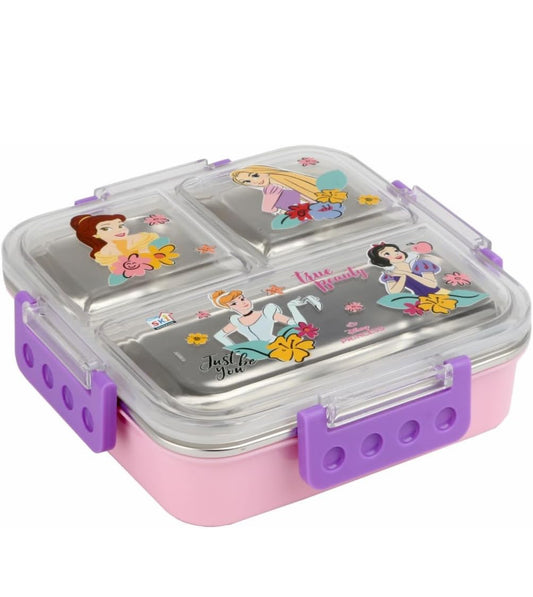 Disney print Insulated Lunch Box with 3 Compartments, Stainless Steel Interior & Embossed Printed Lid | Leak-Proof Design | 600 ML