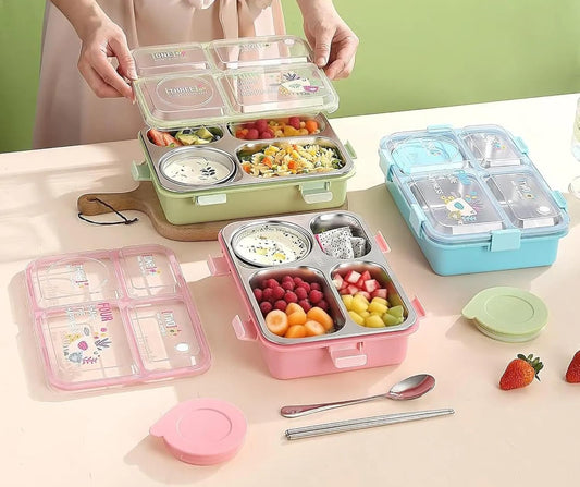 4 Compartment lunch box . with bowl , Spoon & Chopstick Leakproof Heating & Water Insulation- 900ml+70 ml