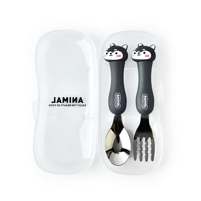 Baby Self Feeding Spoon & Fork with Case Stainless Steel Cutlery Cute Fork Spoon 2 pcs Set for Child Baby Home School Use