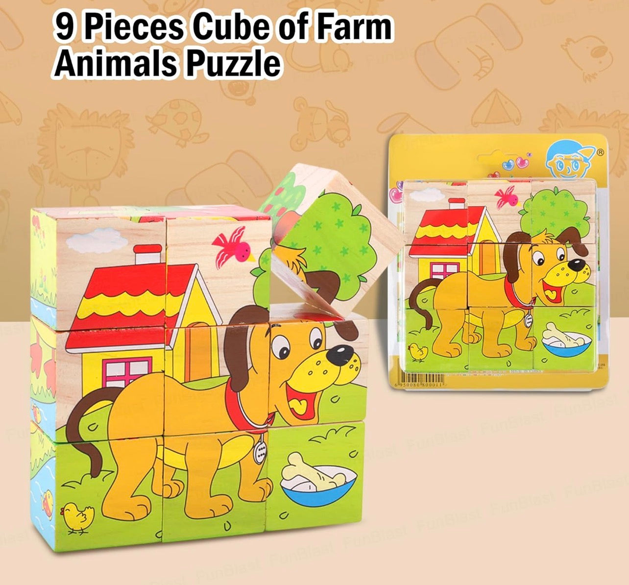 3D Wooden Jigsaw Puzzle Cube Blocks for Kids – 6-in-1 Farm Animals Puzzle with 9 Pieces – Early Learning Educational Toys