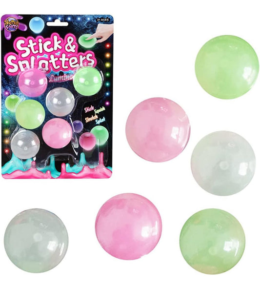 Glow Wall Ball Sticky 6PCS Grow in The Dark Round Luminous Fluorescent Washable Stress Relief Ball Toy Washable