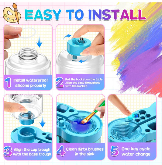 Paint Brush Cleaner with Paint Tray, Upgraded 6-in-1 Painting Supplies with Drain and Brush Holder, Water Circulation Paint Brush Cleaner Tool for Acrylic, Watercolor, Water-Based Paints