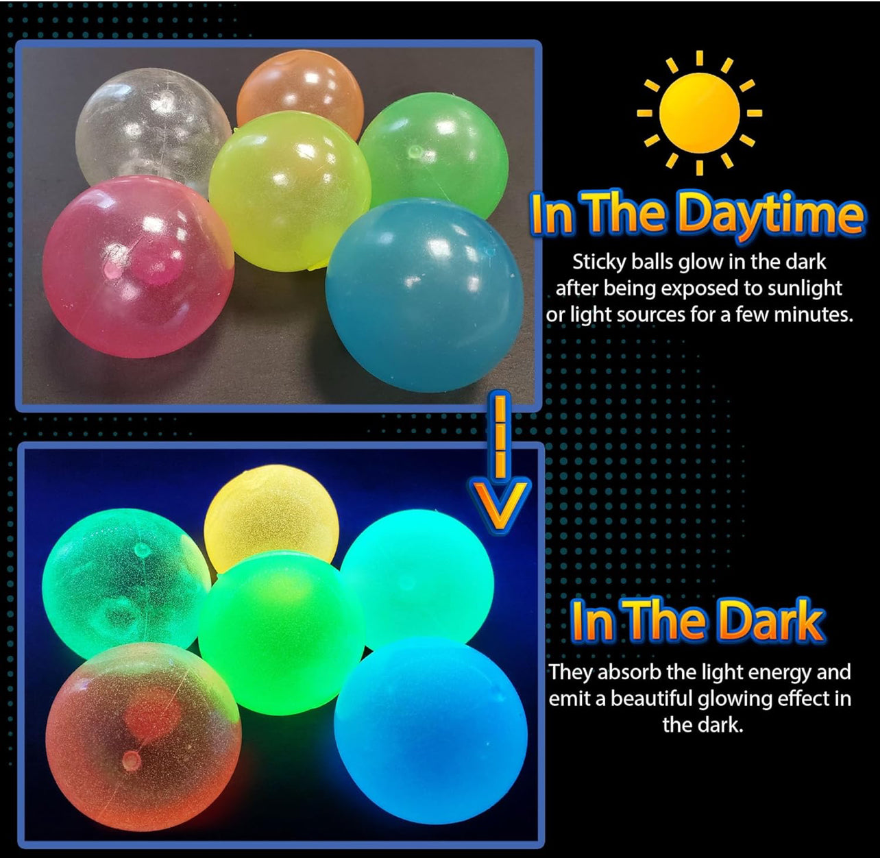 Glow Wall Ball Sticky 6PCS Grow in The Dark Round Luminous Fluorescent Washable Stress Relief Ball Toy Washable