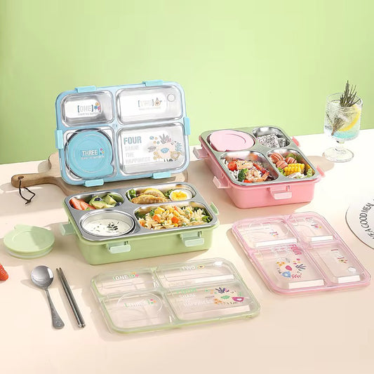4 Compartment lunch box . with bowl , Spoon & Chopstick Leakproof Heating & Water Insulation- 900ml+70 ml