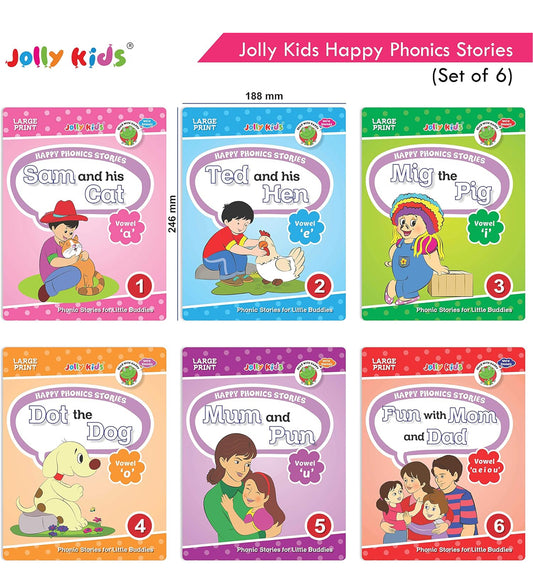 Jolly Kids Read With Happy Phonics Stories (Set of 6)| Vowel Sound Words| Phonic Stories for Kids Ages 3-8 Years