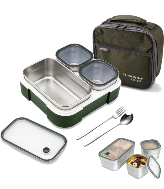Yoo yee 3 Compartments Stainless Steel bento Lunch Box,with Insulated Lunch Bag,Portion Control Lunch Container, On-the-Go Meal Fruit SnackPacking