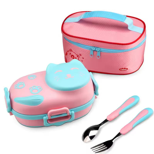 Little cat 3 compartment stainless lunch box with cutlery and lunch bag