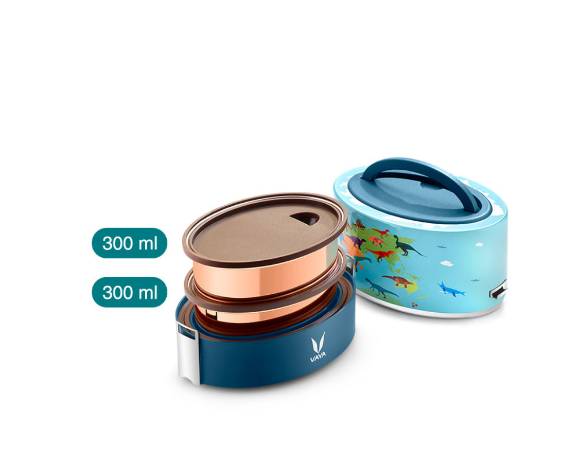 VAYA TYFFYN Multicolor Dino Copper Finished Stainless Steel Lunch Box with 2-Containers Without Bagmat, 600 ml