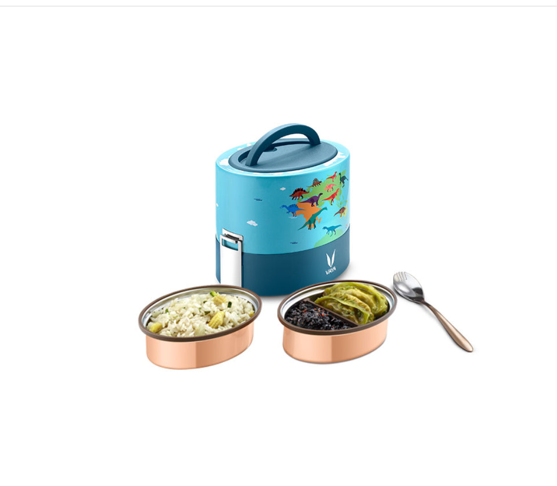 VAYA TYFFYN Multicolor Dino Copper Finished Stainless Steel Lunch Box with 2-Containers Without Bagmat, 600 ml