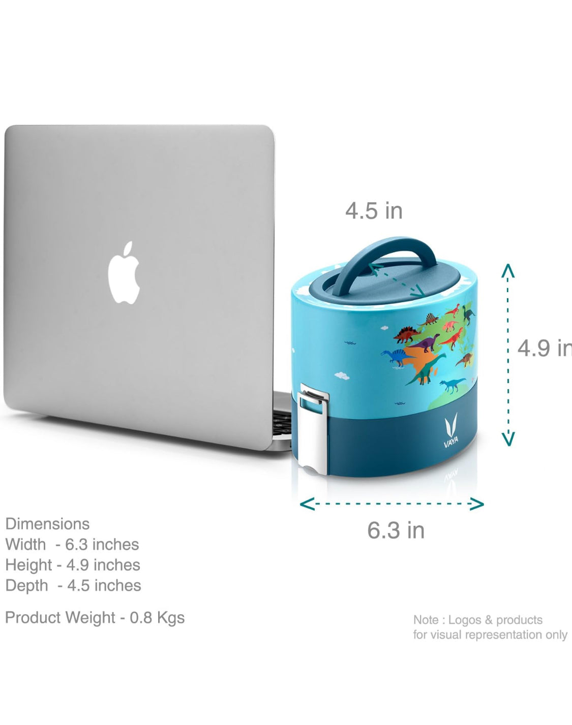 VAYA TYFFYN Multicolor Dino Copper Finished Stainless Steel Lunch Box with 2-Containers Without Bagmat, 600 ml
