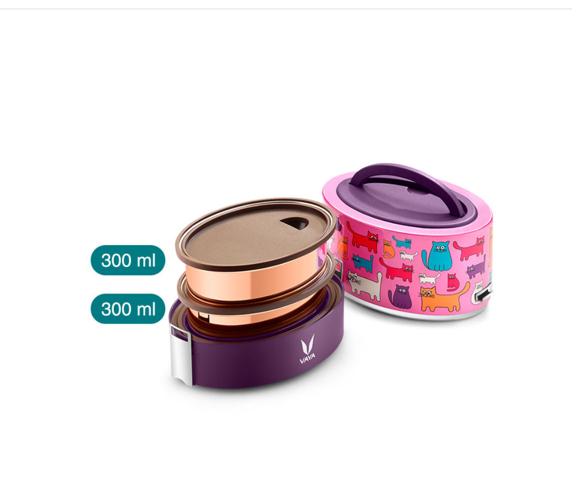 VAYA TYFFYN Multicolor cat Copper Finished Stainless Steel Lunch Box with 2-Containers Without Bagmat, 600 ml