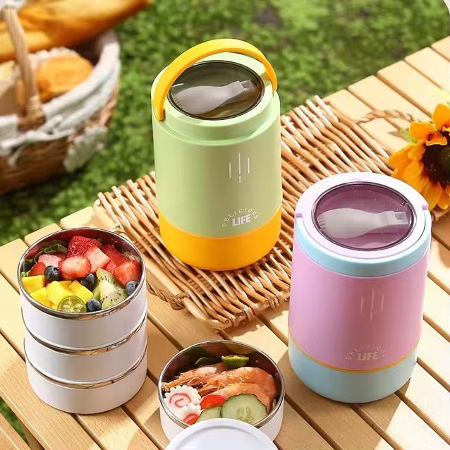 Insulated Lunch Box | 3-Tier Stainless Steel Food Jar with Built-in Cutlery | 900ml Leakproof Lunch Pot, BPA-Free, Keeps Food Hot Up to 6 Hours | Microwave & Dishwasher Safet