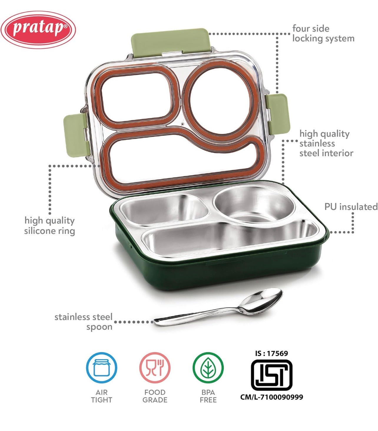 Leak Proof Airtight Unbreakable Lid BPA Free Ceelik Trio NX Insulated Lunch Tiffin Box, 1 Steel Spoon 3 Compartment Lunch Box Steel for School Kids Boys Mens Girls Office Women