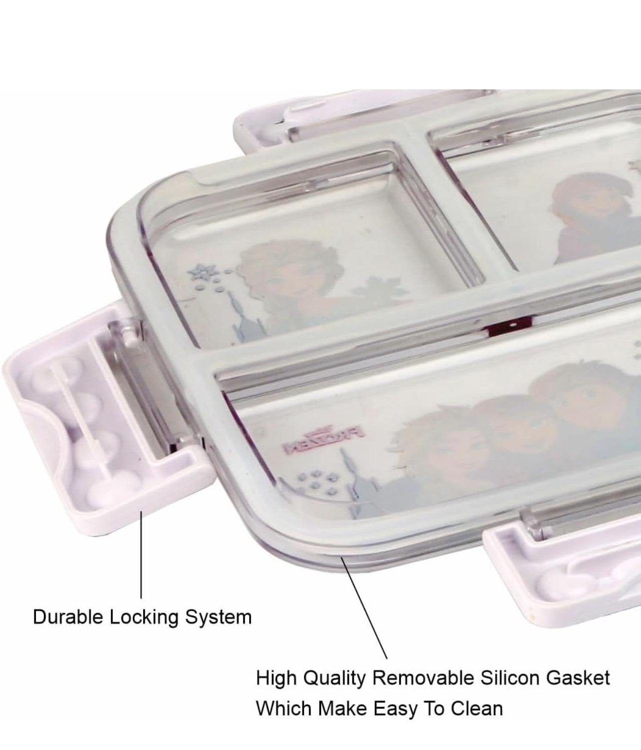 Disney print Insulated Lunch Box with 3 Compartments, Stainless Steel Interior & Embossed Printed Lid | Leak-Proof Design | 600 ML