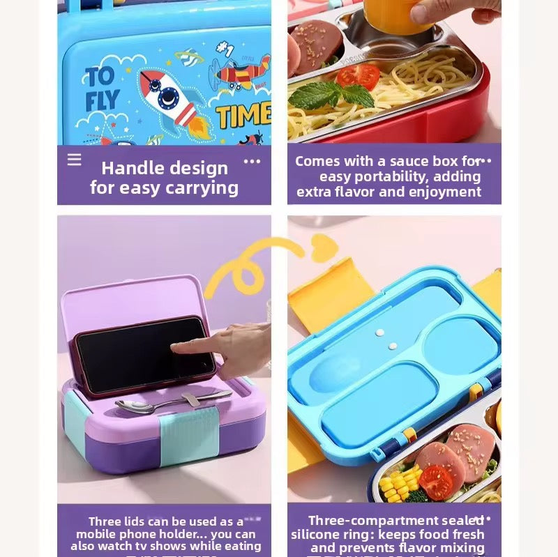 Stainless Steel Lunch Box with 3 Compartments Bento Tiffin Leak-Proof Durable Food Container 750ml + 150m