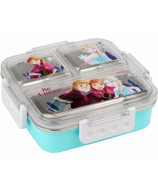 Disney print Insulated Lunch Box with 3 Compartments, Stainless Steel Interior & Embossed Printed Lid | Leak-Proof Design | 600 ML