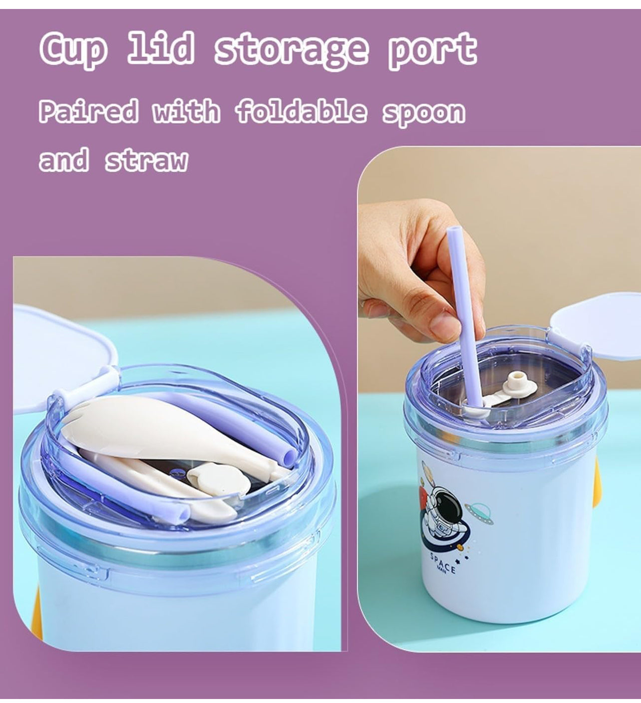 304 Stainless Steel Double Wall Thermal Insulated Vacuum Mug with Lid, Spoon & Straw Hot & Cold Milk Coffee Tea Soup Drinking Travelling Cup Girls Boys - 530ml