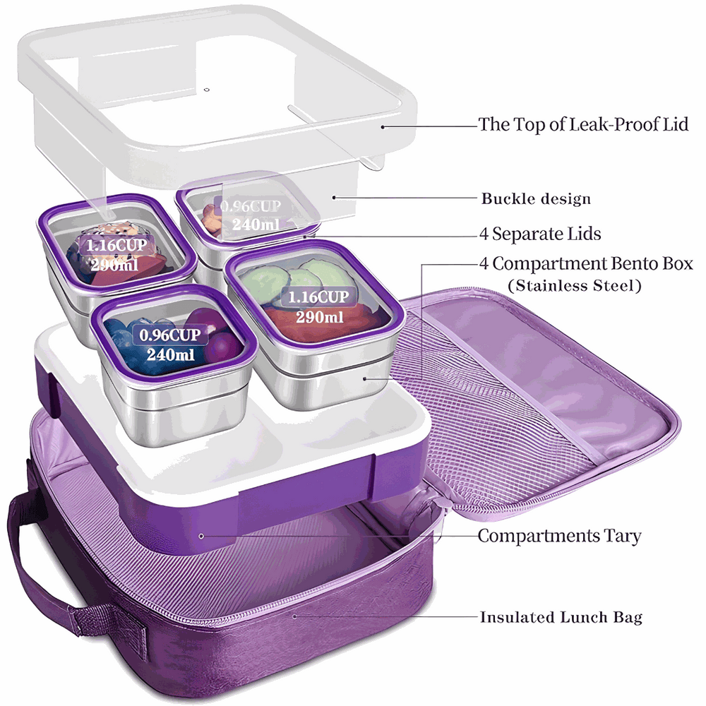 Yoo yee . Bento lunch box with insulated bag 4 compartment stainless steel .
