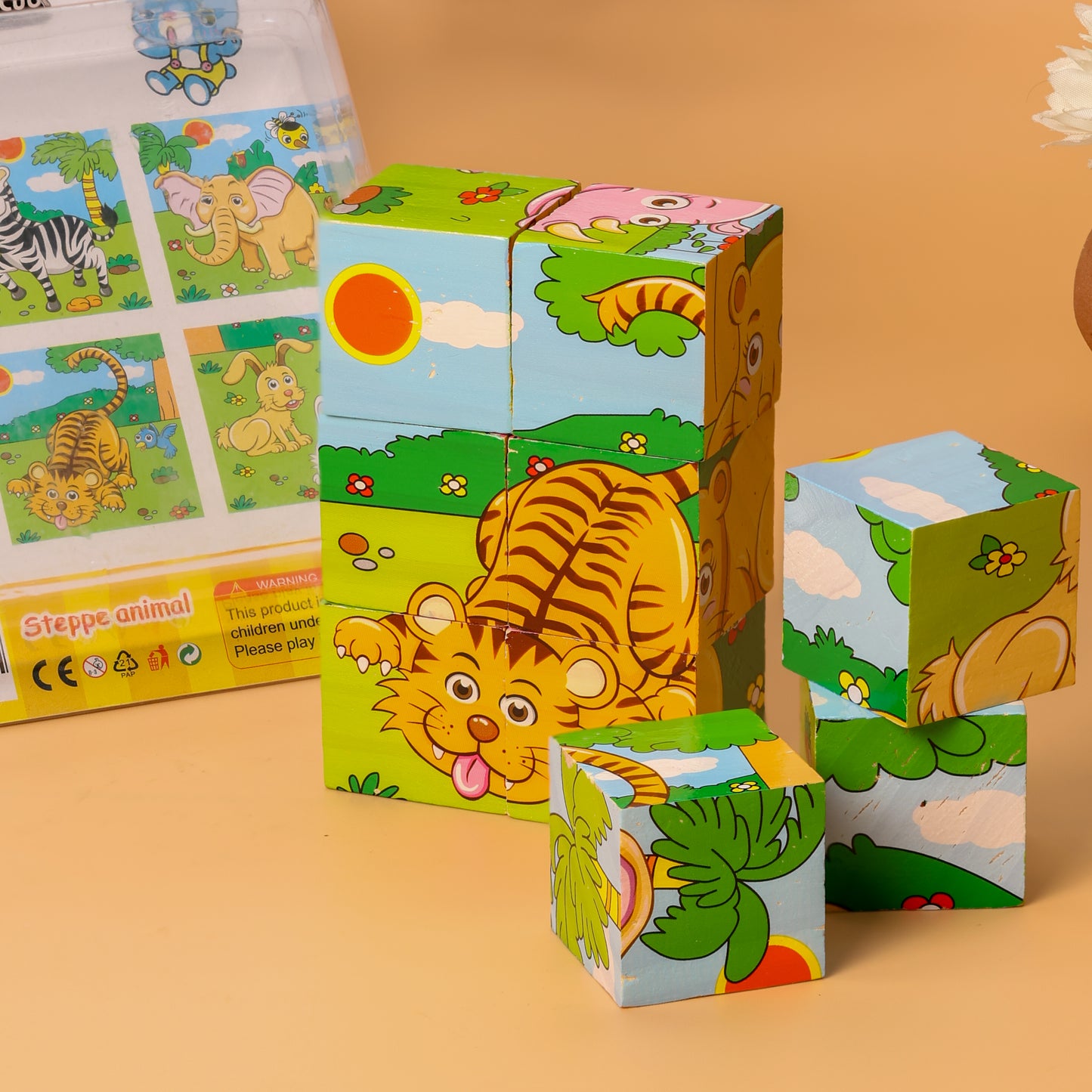 3D Wooden Jigsaw Puzzle Cube Blocks for Kids – 6-in-1 Farm Animals Puzzle with 9 Pieces – Early Learning Educational Toys