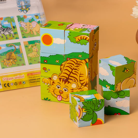 3D Wooden Jigsaw Puzzle Cube Blocks for Kids – 6-in-1 Farm Animals Puzzle with 9 Pieces – Early Learning Educational Toys