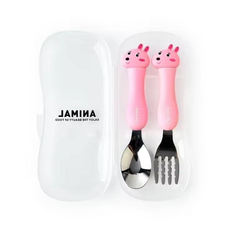 Baby Self Feeding Spoon & Fork with Case Stainless Steel Cutlery Cute Fork Spoon 2 pcs Set for Child Baby Home School Use