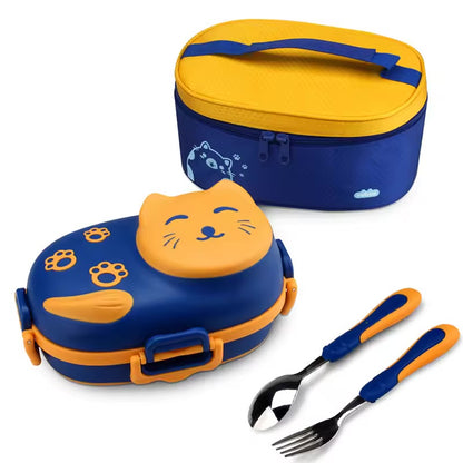 Little cat 3 compartment stainless lunch box with cutlery and lunch bag