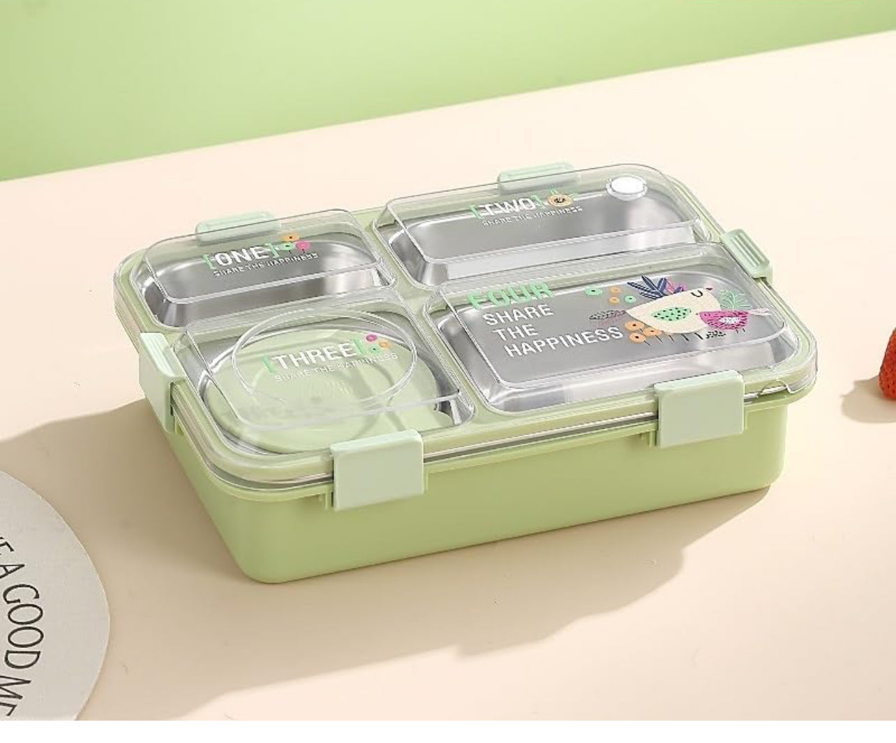 4 Compartment lunch box . with bowl , Spoon & Chopstick Leakproof Heating & Water Insulation- 900ml+70 ml