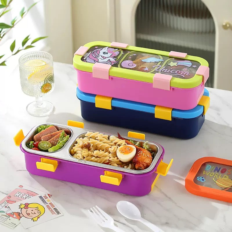 Kids  sleek 2 grid stainless steel tiffin Box 600ml with cutlery.