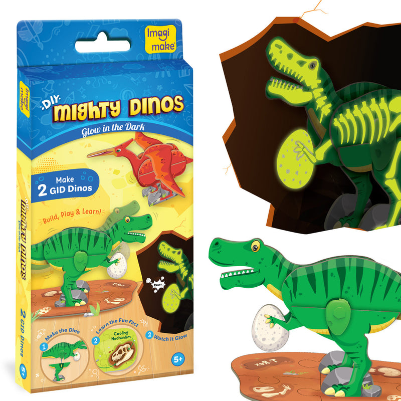 Imagimake DIY Mighty Dinos | Glow in The Dark | 3D Dinosaur Puzzle for Kids | Birthday Gift for Kids Ages 5,6,7,8,9,10