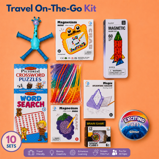 Travel On-The-Go Kit featuring 10 educational and fun sets arranged on a solid orange background. The sets include a blue giraffe toy, 'Magnetism mini' and 'Magnetic' boxes, a 'Pictorial Crossword Puzzles' book, 'Word Search' puzzle book, colorful pipe cleaners, a 'Magic Drawing Board' box, a 'Brain Game' box, a 'Magic Cubes' box, and a round 'Exciting Puffy Glitter' tin.