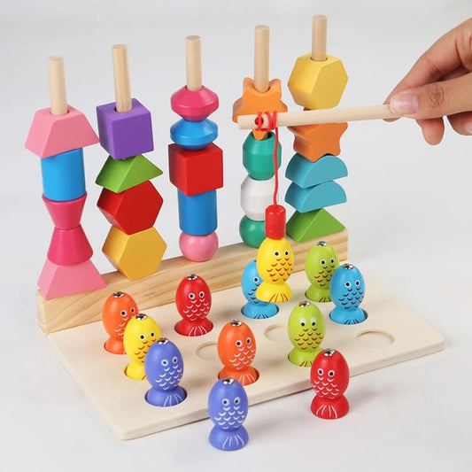3 in 1 wooden Memory chess , five pillars & fishing game